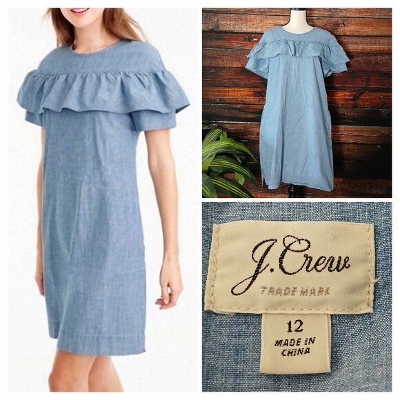 J Crew Dress Size 12 Edie Chambray Ruffle Shift Zip Back Cotton Pockets - Picture 1 of 11